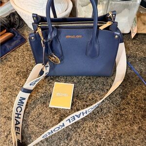 Michael Kors Navy Saffiano Leather Satchel with White Logo Strap